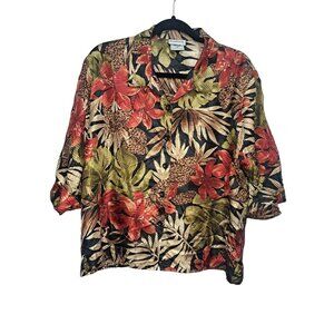 BonWorth Tropical Blouse Multicolor Floral 3/4 Sleeve Button Up Medium Petite